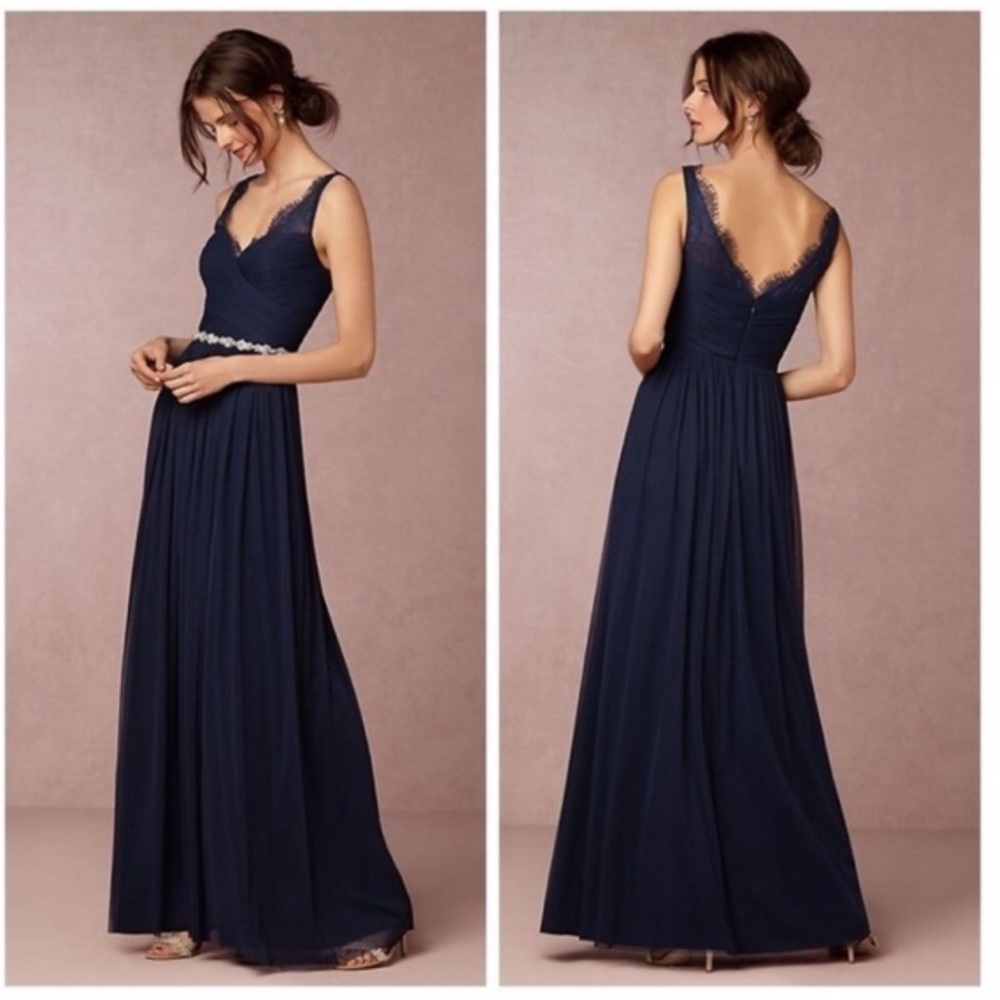 BHLDN Hitherto Fleur Navy Blue Lace V-Neck Maxi Tulle Dress Size 0 Bridesmaid